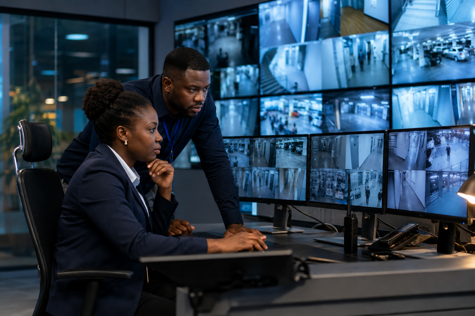 Two security analysts monitoring CCTV screens in a modern operations centre